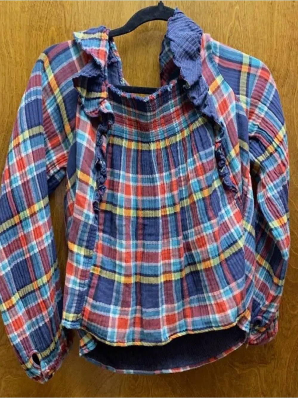 We The Free Plaid Ruffle Long Sleeve Top - Blue Red Yellow